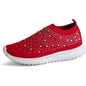 Women's Mesh Walking Shoes Rhinestone Glitter Slip On Ballroom Sneakers Red